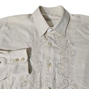 Tommy Bahama Mens Linen Blend Embroidered Pleated Button Down Shirt XXL 2XL